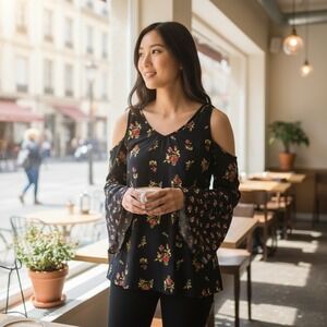 Free People Black Rose Cold Shoulder Bell Sleeve Tunic Top M Fairy Grunge Floral